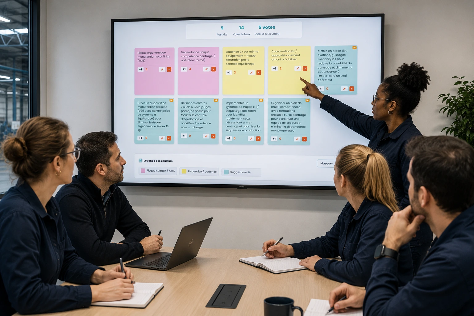 Équipe industrielle en session de brainstorming collaboratif : Kaizain structure la génération d'idées sans remplacer l'intelligence collective
