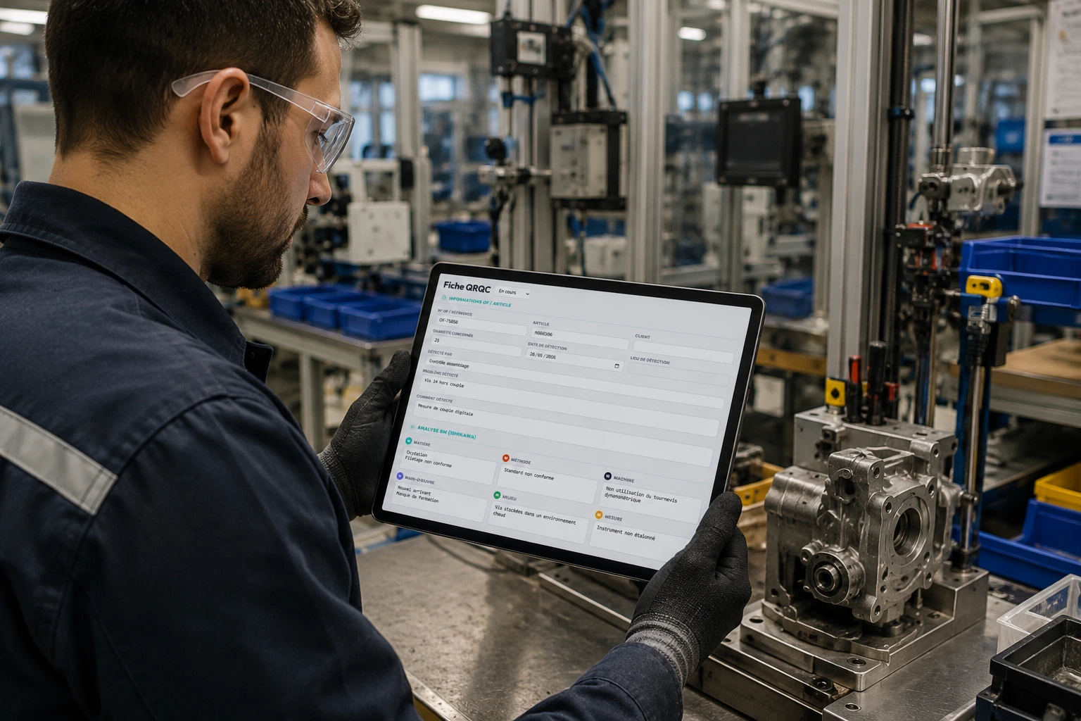 Opérateur industriel consultant une fiche QRQC au poste de travail : la méthode QRQC se traite au plus près du terrain, pas en salle de réunion