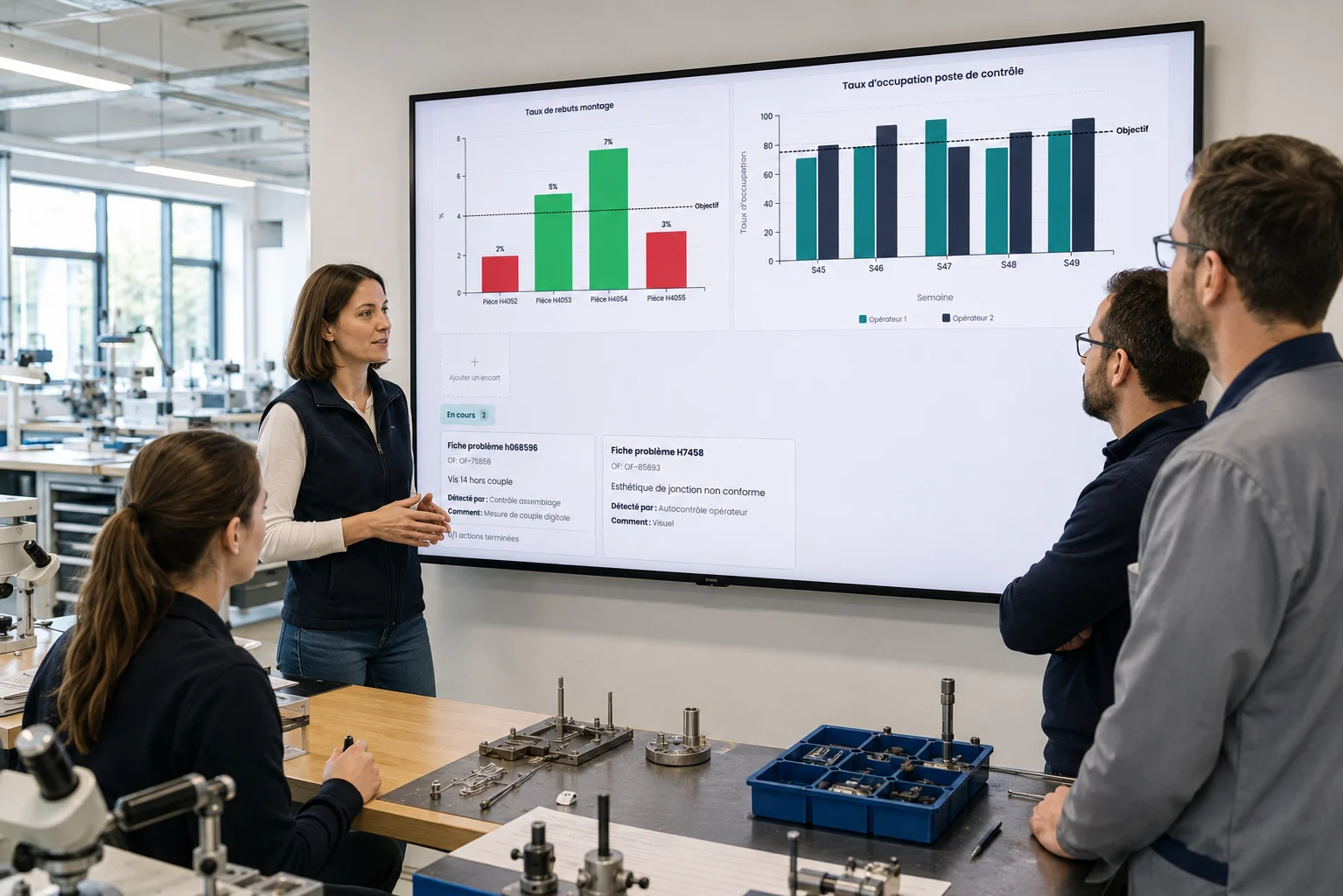 Équipe industrielle pilotant un QRQC autour d'un tableau visuel en atelier