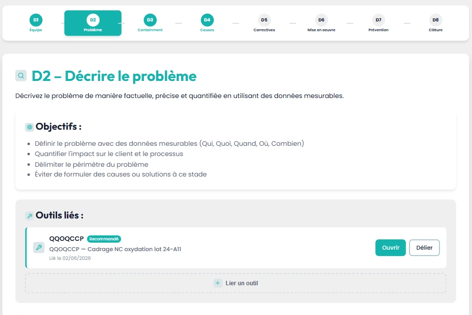 Suivi d'un projet 8D dans Kaizain : navigation entre les étapes D1 à D8 pour la résolution structurée d'une non-conformité industrielle
