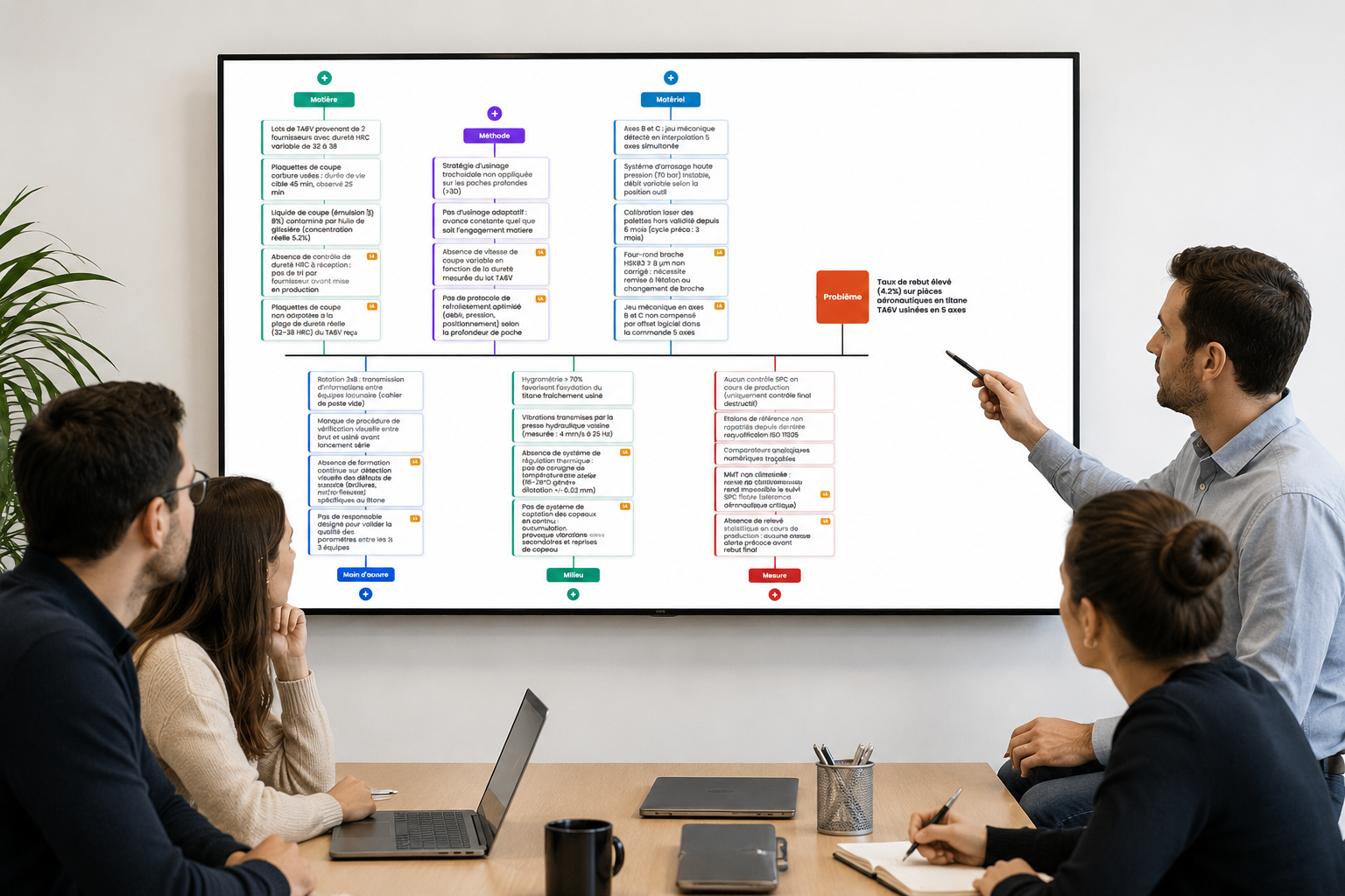 Équipe industrielle réunie devant un diagramme Ishikawa 6M